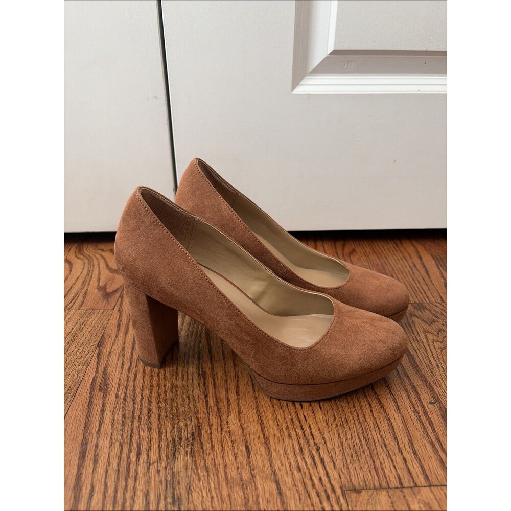 Womens Naturalizer Berlin Tan Faux Suede Slip On Block Heel Pumps Size 8.5